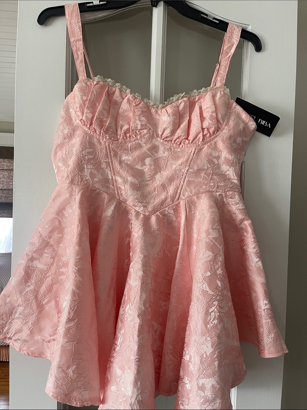 Angel Biba Pink Satin Floral Lace Mini Dress with lining shorts NWT